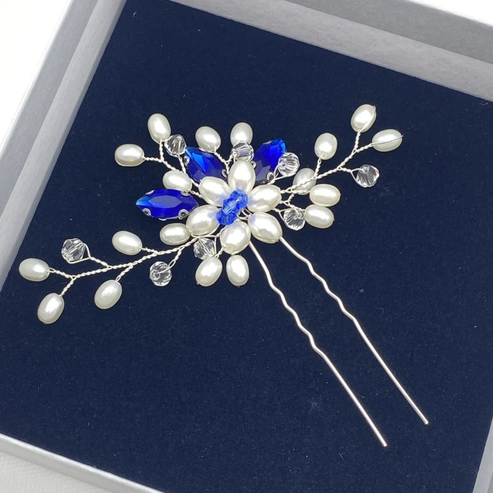 Lace & Favour Something Blue Gifts | Pearl Hair Accessories*Ellie Pearl Cluster Wedding Hair Pin (Sapphire) Ivory/ Sapphire/ Silver