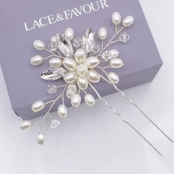 Lace & Favour Pearl Hair Accessories | Silver Hair Accessories*Ellie Pearl Cluster Wedding Hair Pin (Silver) Ivory/ Silver