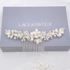 Twilight Designs Pearl Hair Accessories | Silver Hair Accessories*Ellis Dainty Silver Leaves and Pearl Hair Comb Ivory/ Silver