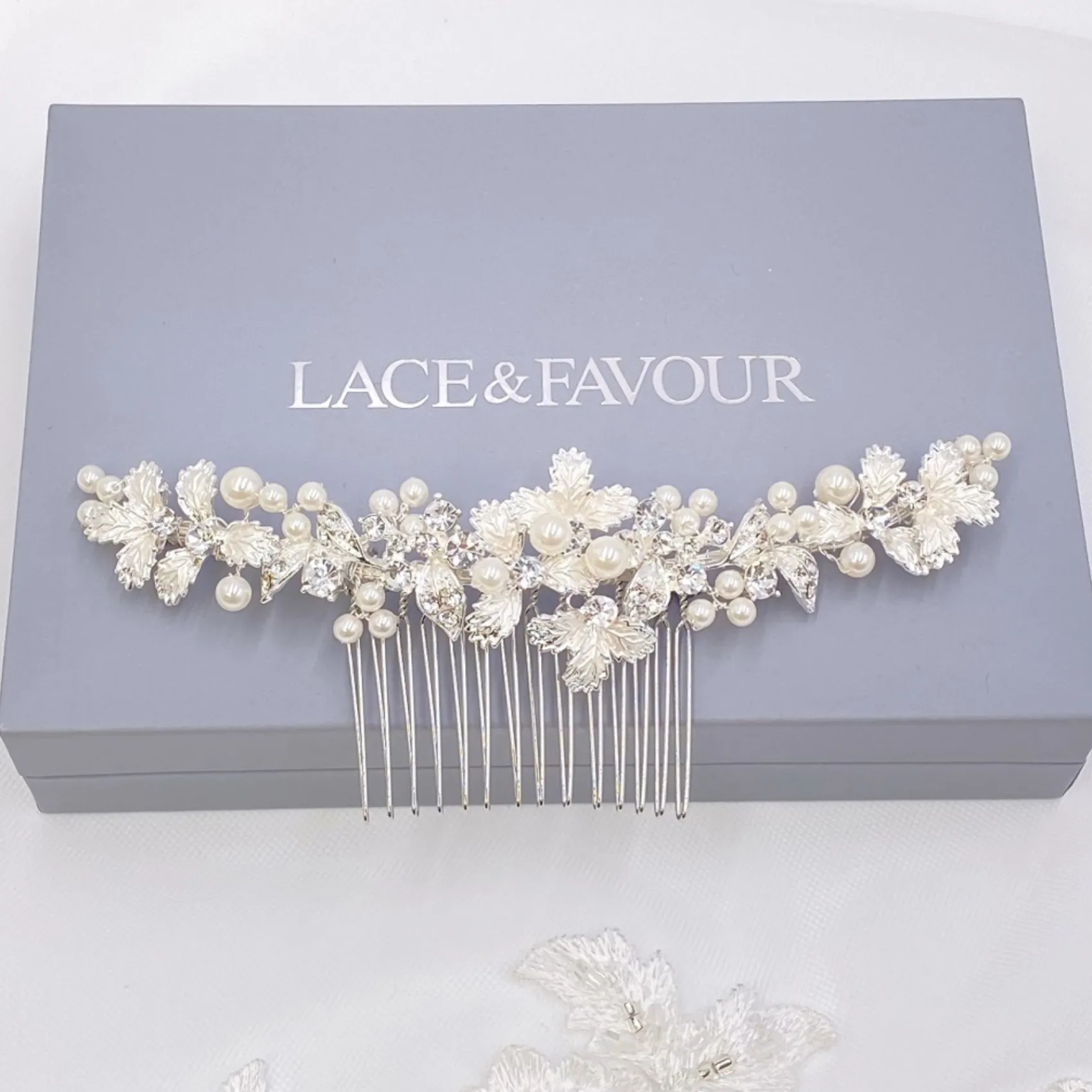 Twilight Designs Pearl Hair Accessories | Silver Hair Accessories*Ellis Dainty Silver Leaves and Pearl Hair Comb Ivory/ Silver