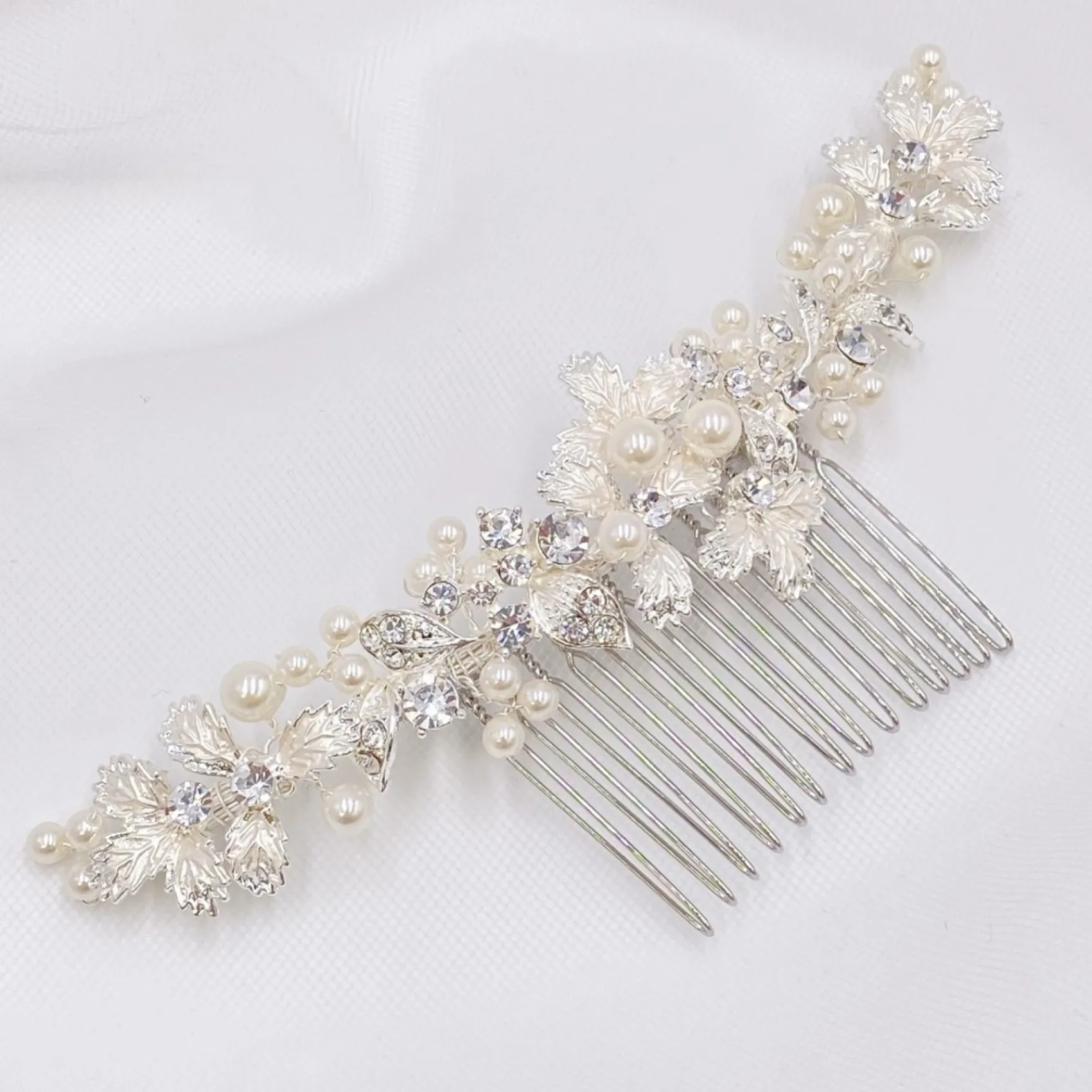 Twilight Designs Pearl Hair Accessories | Silver Hair Accessories*Ellis Dainty Silver Leaves and Pearl Hair Comb Ivory/ Silver