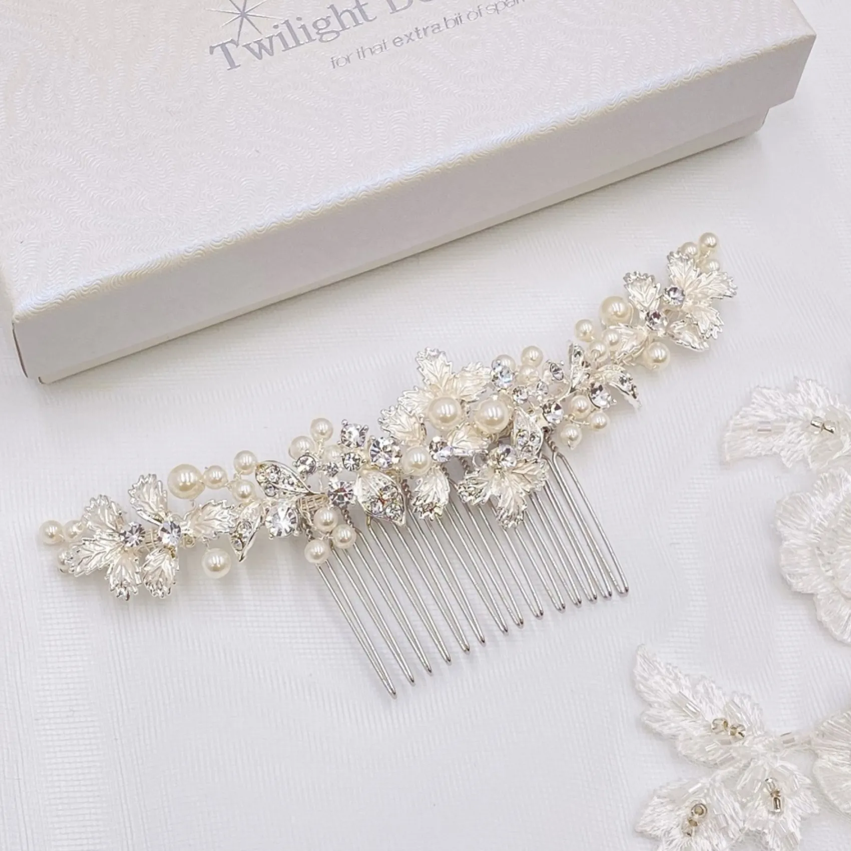 Twilight Designs Pearl Hair Accessories | Silver Hair Accessories*Ellis Dainty Silver Leaves and Pearl Hair Comb Ivory/ Silver