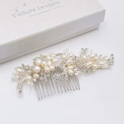 Twilight Designs Vintage Headpieces | Pearl Hair Accessories*Eugenie Vintage Freshwater Pearl and Diamante Hair Comb Ivory/ Silver
