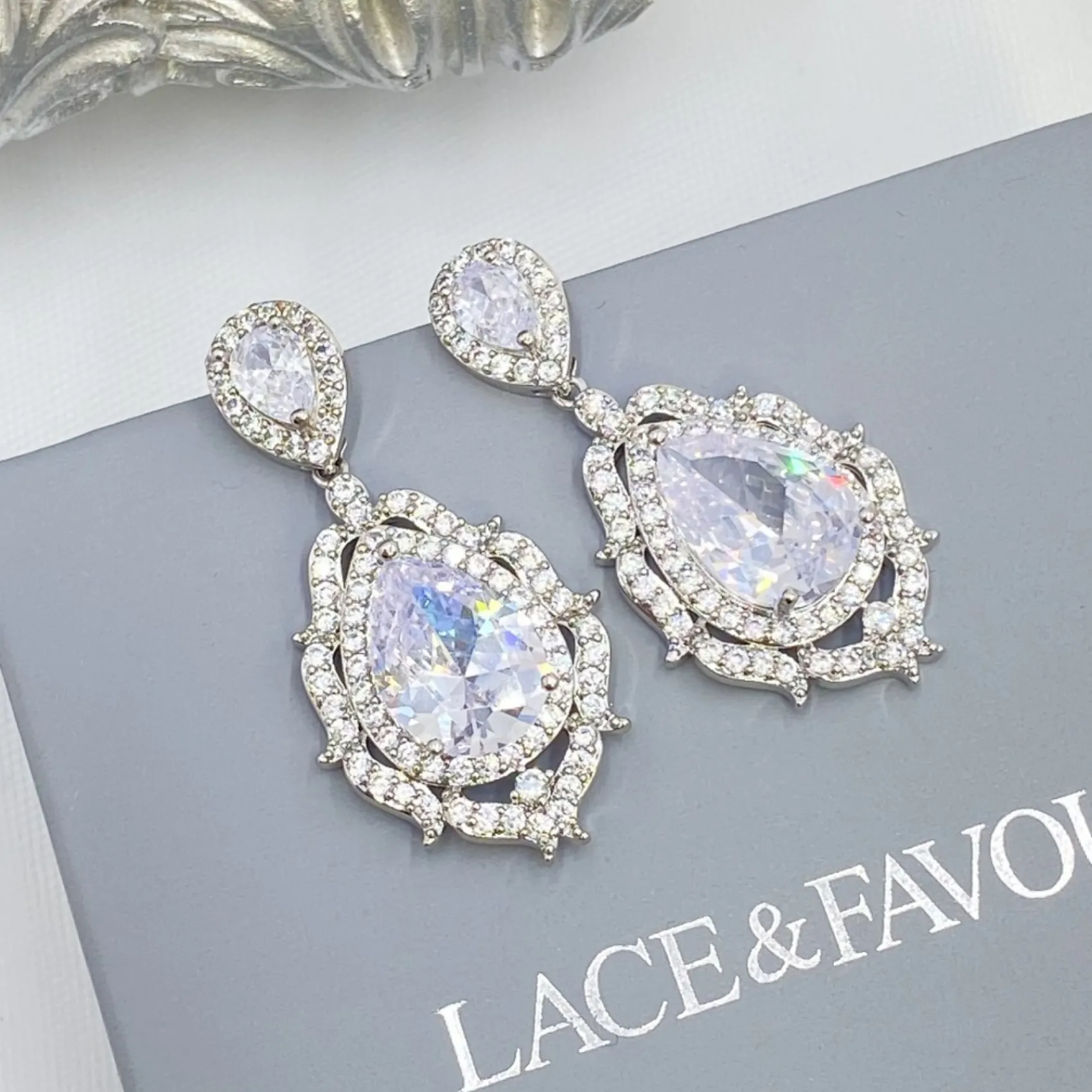 Lace & Favour Silver Prom Jewellery | Prom Earrings*Evita Statement Crystal Chandelier Wedding Earrings