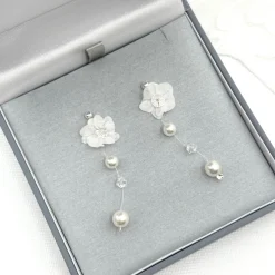 Beads & Beyond Pearl Jewellery | Silver Wedding Jewellery*Faerie Pearl and Crystal Drop Flower Earrings Ivory/ Silver