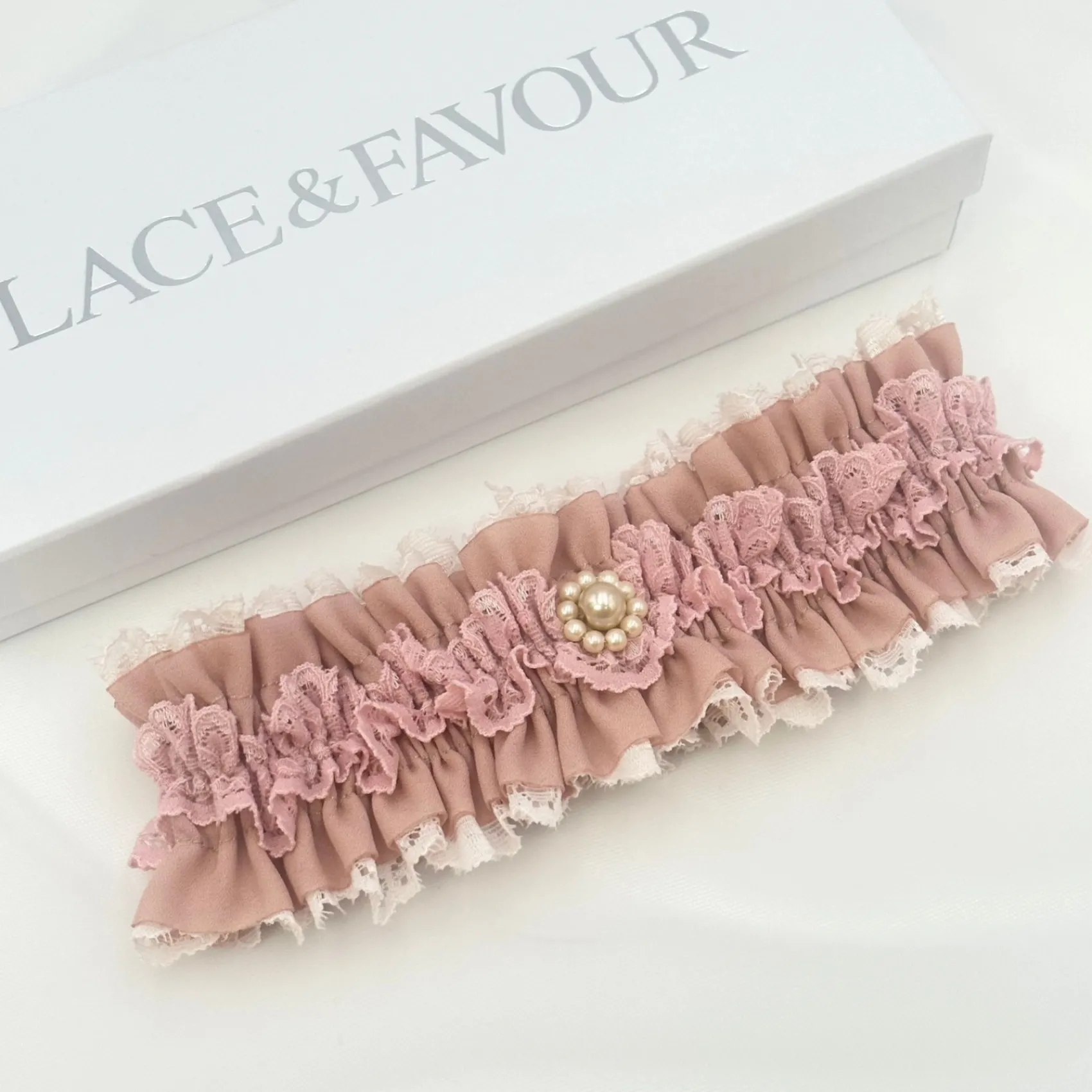 Boudoir Couture Bride Gifts | Bridal Garters*Fantasy Dusky Rose Lace Vintage Wedding Garter with Pearl Trim Dusky Rose/ Nude