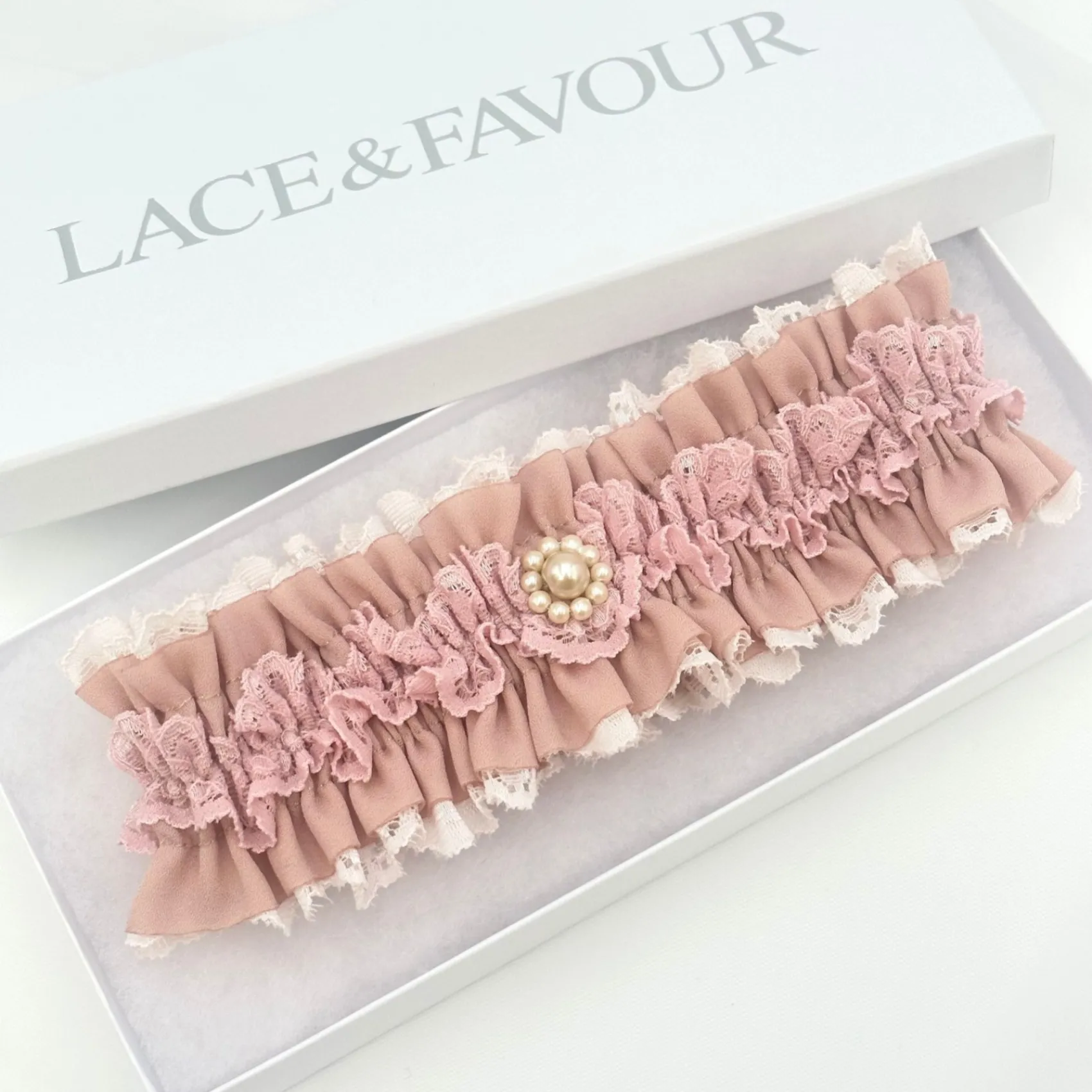 Boudoir Couture Bride Gifts | Bridal Garters*Fantasy Dusky Rose Lace Vintage Wedding Garter with Pearl Trim Dusky Rose/ Nude