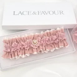 Boudoir Couture Bride Gifts | Bridal Garters*Fantasy Dusky Rose Lace Vintage Wedding Garter with Pearl Trim Dusky Rose/ Nude