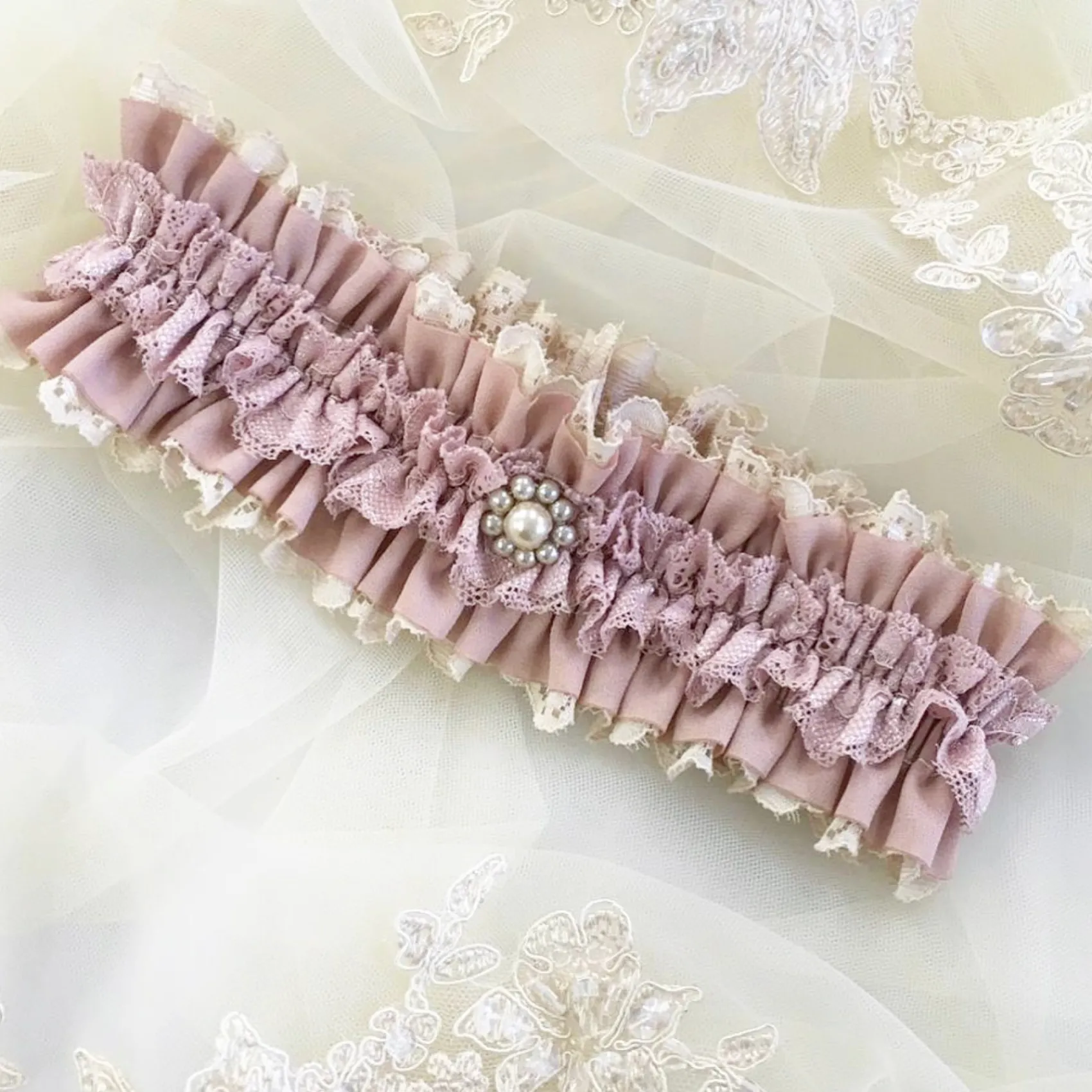 Boudoir Couture Bride Gifts | Bridal Garters*Fantasy Dusky Rose Lace Vintage Wedding Garter with Pearl Trim Dusky Rose/ Nude