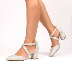 Paradox London Sparkly Prom Shoes | Silver Prom Shoes*Farrah Glitter Wide Fit Cross Strap Block Heels Silver