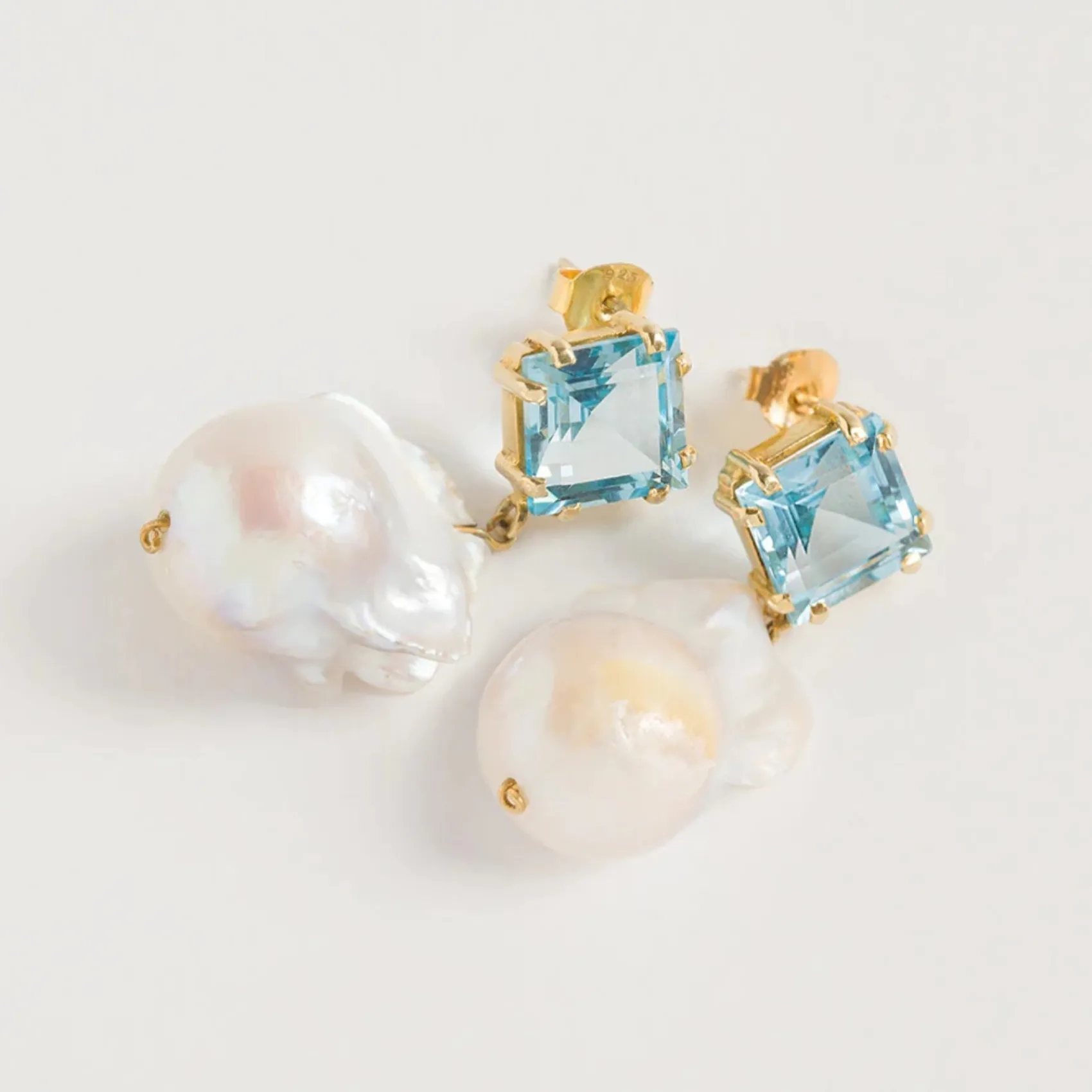Freya Rose Something Blue Gifts | Gemstone Jewellery*Blue Topaz Baroque Pearl Drop Earrings Blue/ Ivory/ Gold