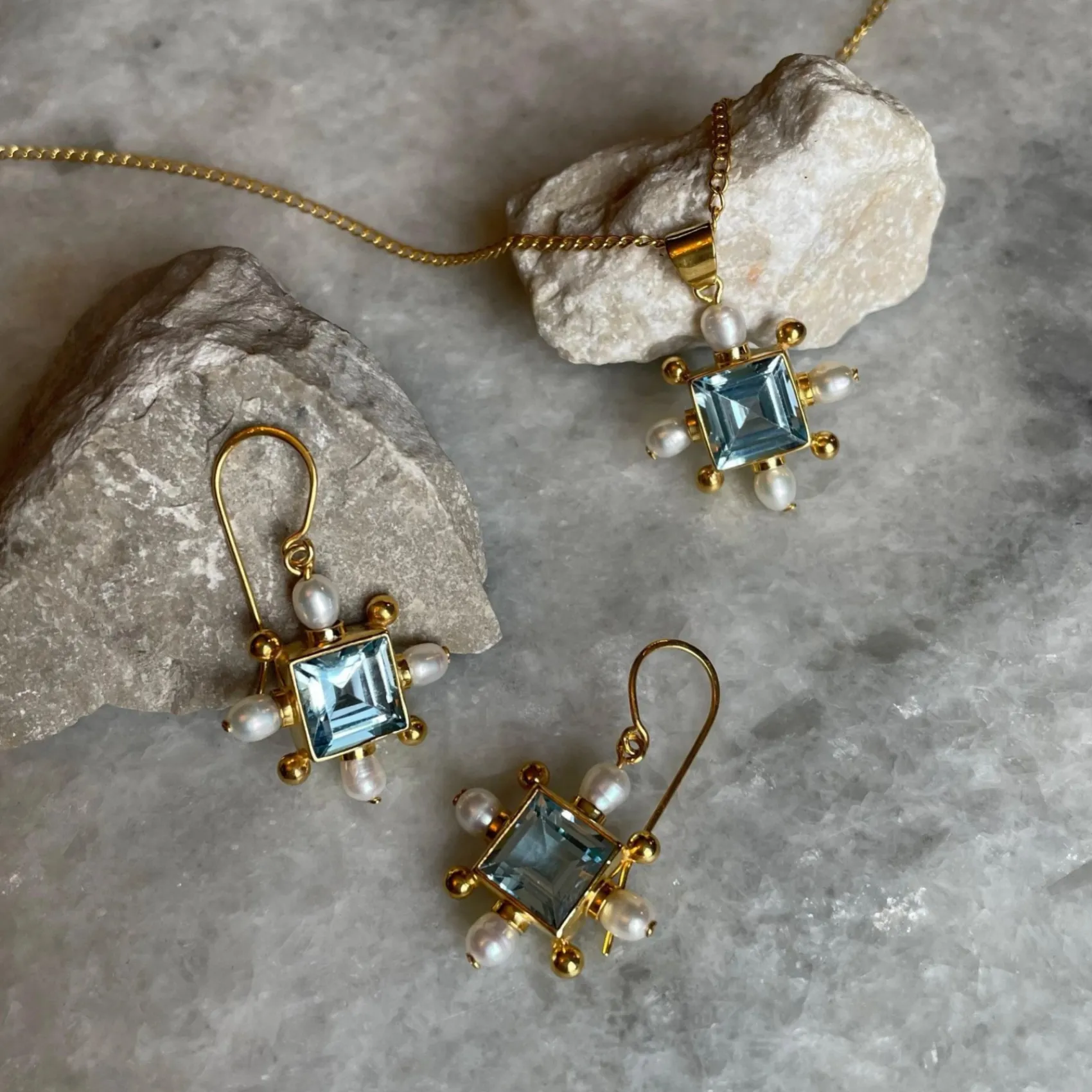 Freya Rose Something Blue Gifts | Gemstone Jewellery*Blue Topaz Cross Earrings Blue/ Gold