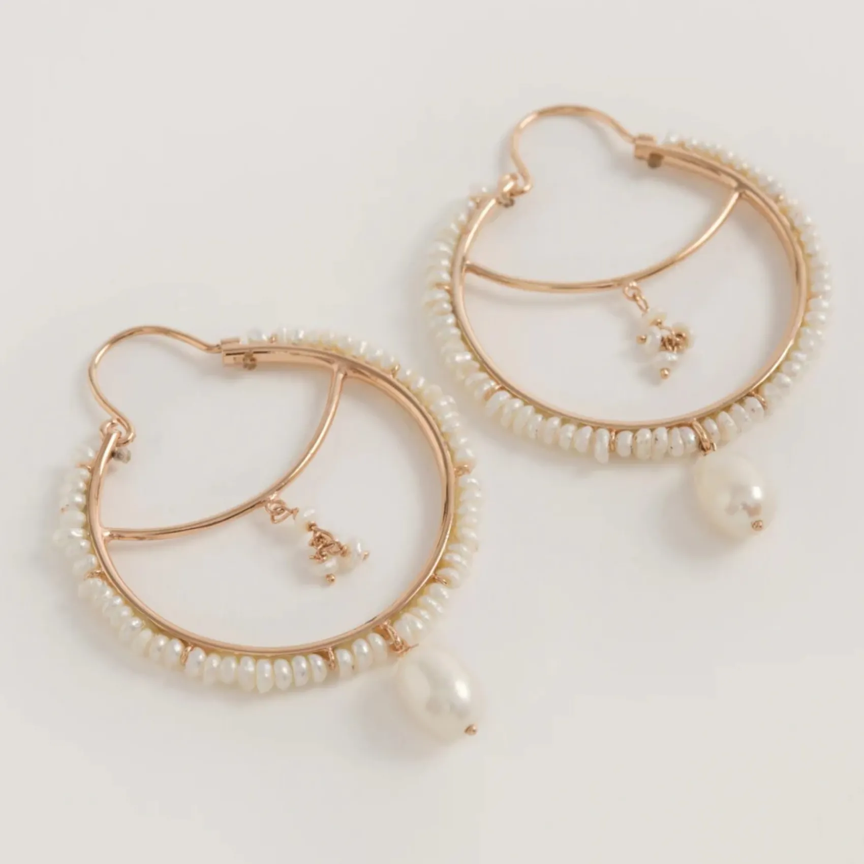 Freya Rose Pearl Jewellery | Rose Gold Wedding Jewellery*Boho Rose Gold Pearly Drop Hoop Earrings