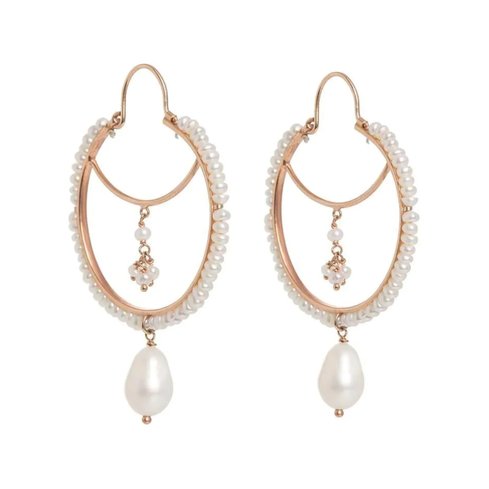 Freya Rose Pearl Jewellery | Rose Gold Wedding Jewellery*Boho Rose Gold Pearly Drop Hoop Earrings