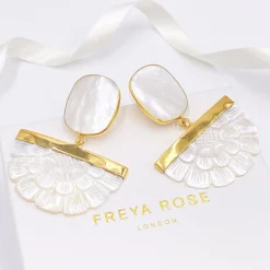 Freya Rose Pearl Jewellery | Wedding Guest Jewellery*Gold Hand Carved Mother of Pearl Rose Fan Drop Earrings