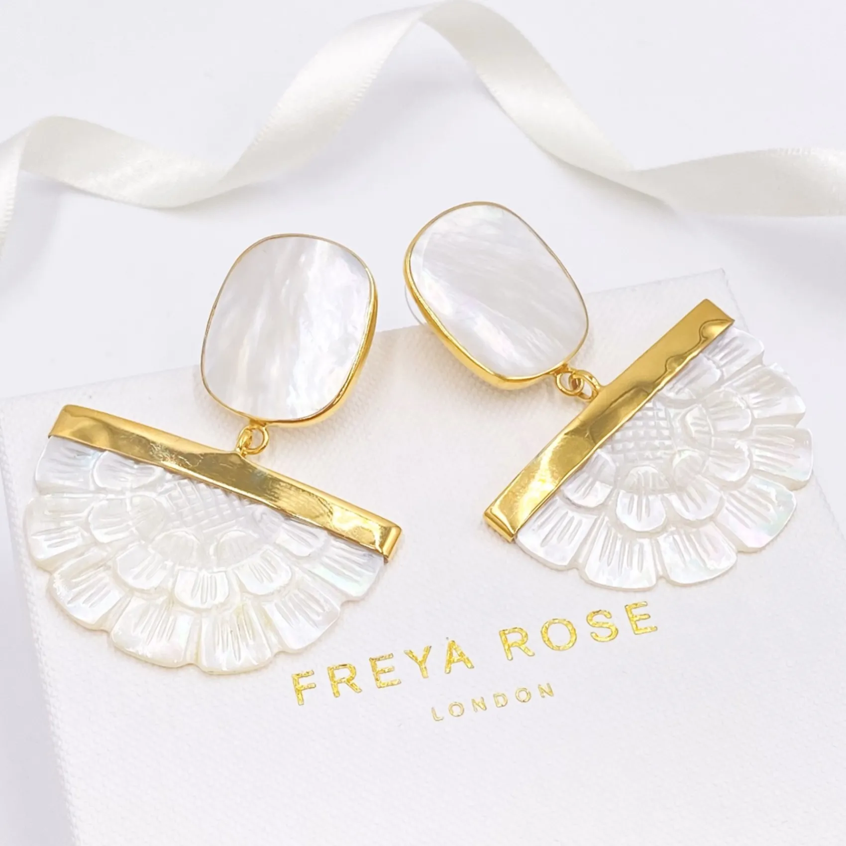 Freya Rose Pearl Jewellery | Wedding Guest Jewellery*Gold Hand Carved Mother of Pearl Rose Fan Drop Earrings