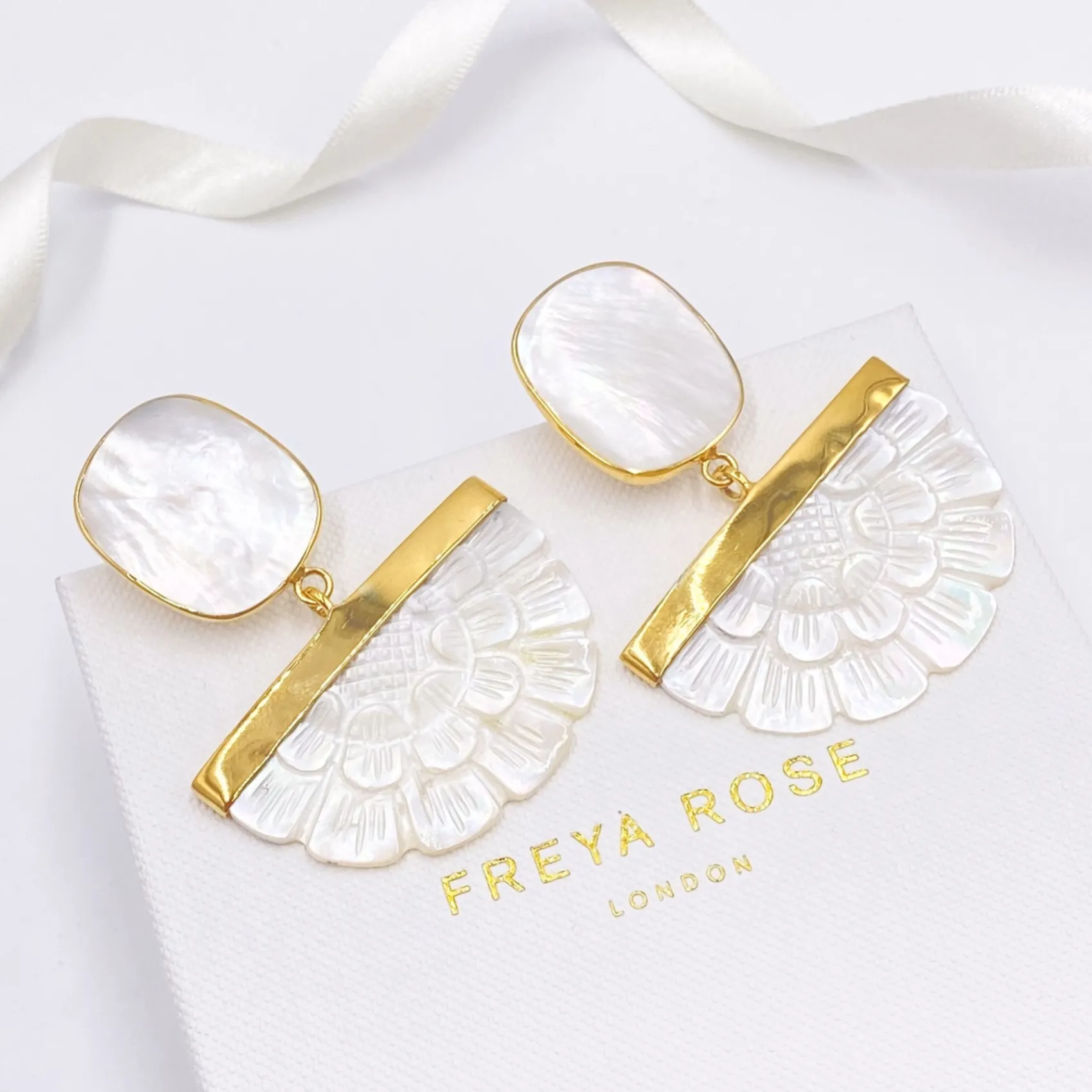 Freya Rose Pearl Jewellery | Wedding Guest Jewellery*Gold Hand Carved Mother of Pearl Rose Fan Drop Earrings