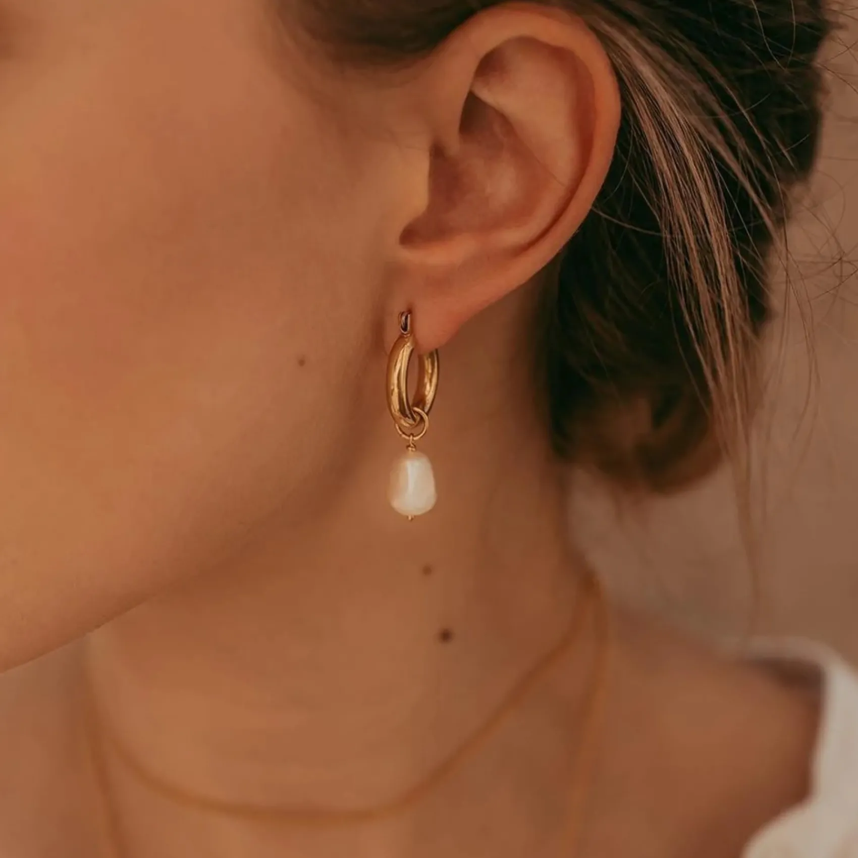 Freya Rose Pearl Jewellery | Gold Wedding Jewellery*Gold Mini Hoop Earrings with Baroque Pearls