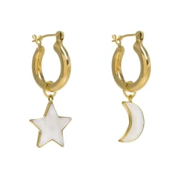 Freya Rose Pearl Jewellery | Gold Wedding Jewellery*Gold Mini Hoops with Mother of Pearl Star and Moon
