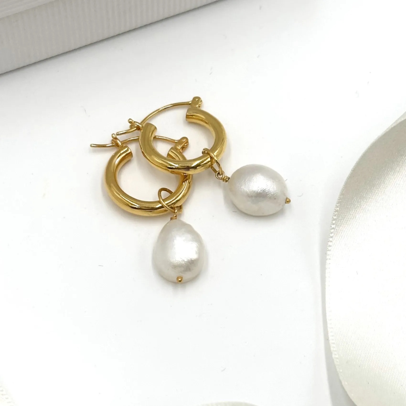 Freya Rose Pearl Jewellery | Gold Wedding Jewellery*Gold Mini Hoop Earrings with Baroque Pearls