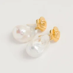 Freya Rose Pearl Jewellery | Gold Wedding Jewellery*Gold Rose Baroque Pearl Drop Earrings Ivory/ Gold