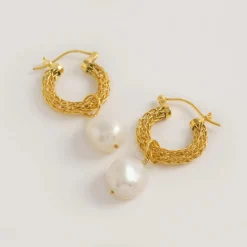 Freya Rose Pearl Jewellery | Gold Wedding Jewellery*Gold Weave Mini Hoop Earrings with Baroque Pearl