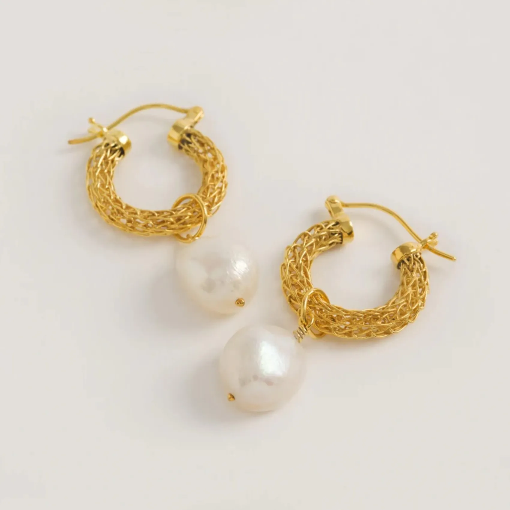 Freya Rose Pearl Jewellery | Gold Wedding Jewellery*Gold Weave Mini Hoop Earrings with Baroque Pearl