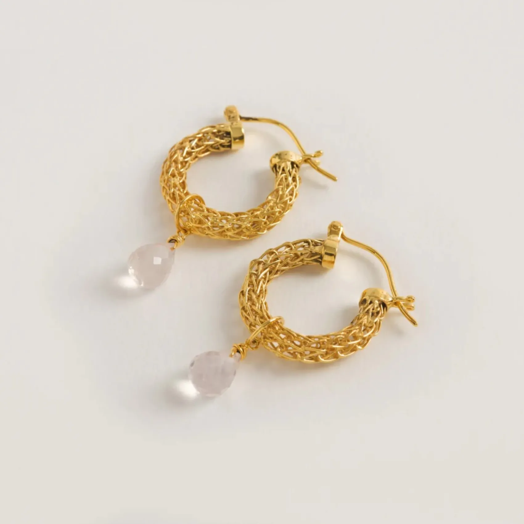 Freya Rose Bridesmaid Gifts | Bride Gifts*Gold Weave Mini Hoop Earrings with Rose Quartz Crystals
