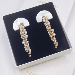 Freya Rose Pearl Jewellery | Gold Wedding Jewellery*Hakuro Gold Mother of Pearl Long Drop Earrings