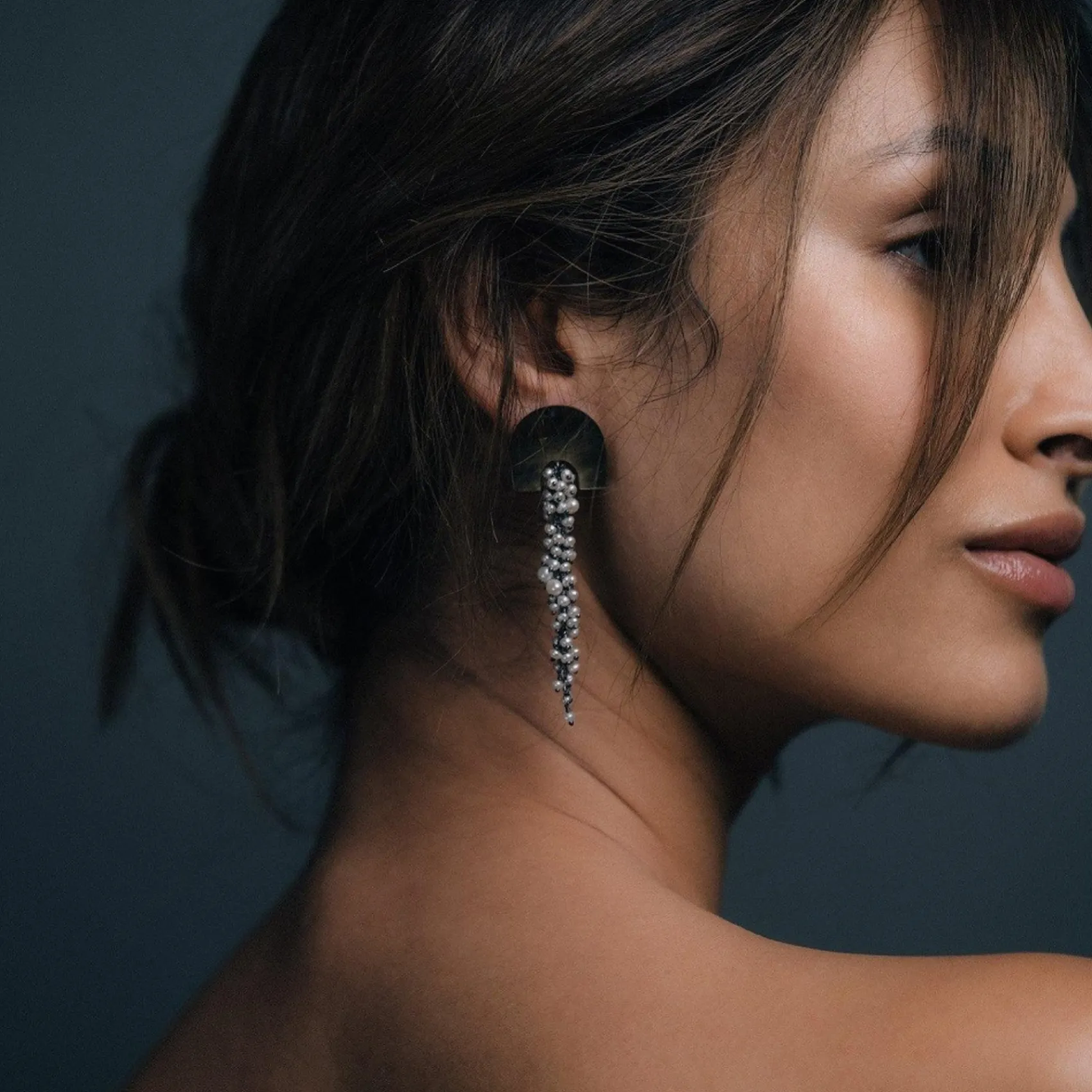 Freya Rose Pearl Jewellery | Silver Wedding Jewellery*Hakuro Grey Mother of Pearl Long Drop Earrings