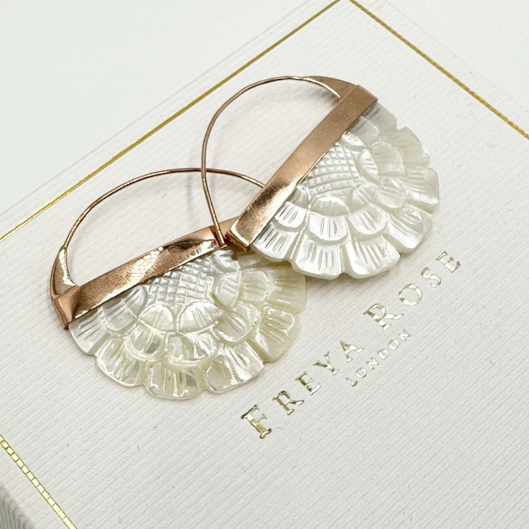 Freya Rose Pearl Jewellery | Rose Gold Wedding Jewellery*Hand Carved Mother of Pearl Rose Hoop Earrings