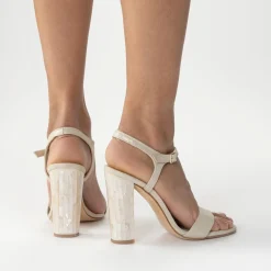 Freya Rose Wedding Guest Shoes | Mother Of The Bride Shoes*Martina Suede Mother of Pearl Block Heel Sandals Champagne