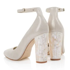 Freya Rose Wedding Guest Shoes | Wedding Shoes*Monica Suede Mother of Pearl Block Heel Courts Champagne