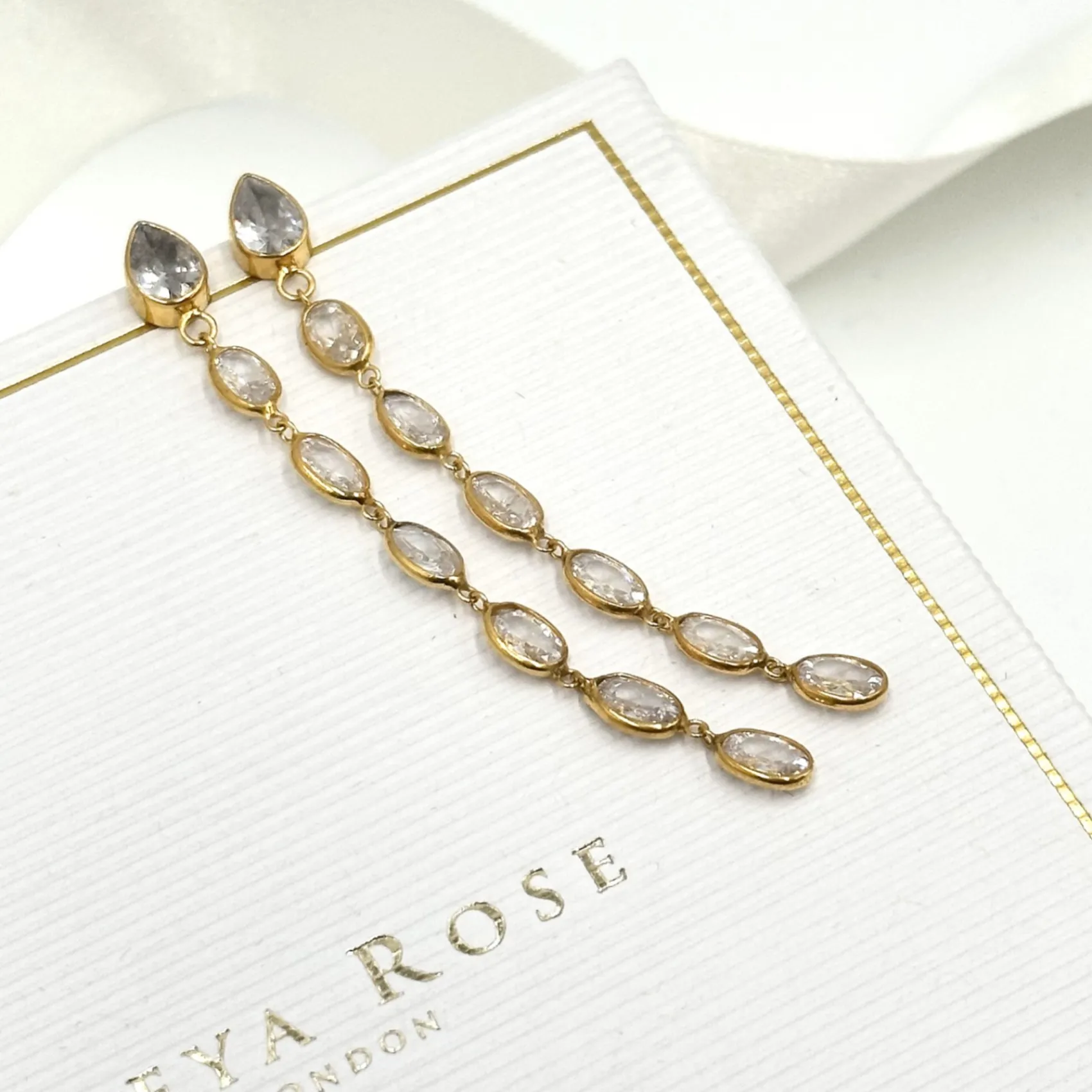 Freya Rose Gold Prom Jewellery | Prom Earrings*Oval Crystal Gold Framed Long Drop Earrings
