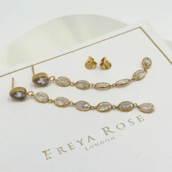 Freya Rose Gold Prom Jewellery | Prom Earrings*Oval Crystal Gold Framed Long Drop Earrings