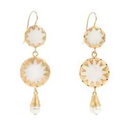 Freya Rose Pearl Jewellery | Gold Wedding Jewellery*Warrioress Medallion Statement Mother of Pearl Earrings Ivory/ Gold
