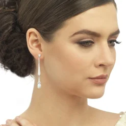 Lace & Favour Vintage Jewellery | Pearl Jewellery*Geneva Long Pearl Drop Wedding Earrings (Silver) Ivory/ Silver