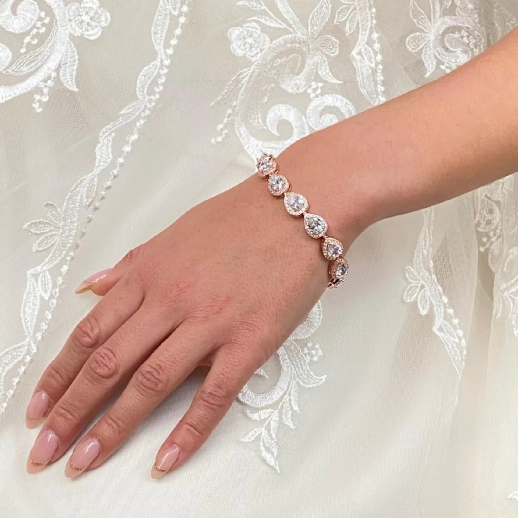 Lace & Favour Bride Gifts | Crystal Jewellery*Hampton Teardrop Cubic Zirconia Wedding Bracelet Rose Gold