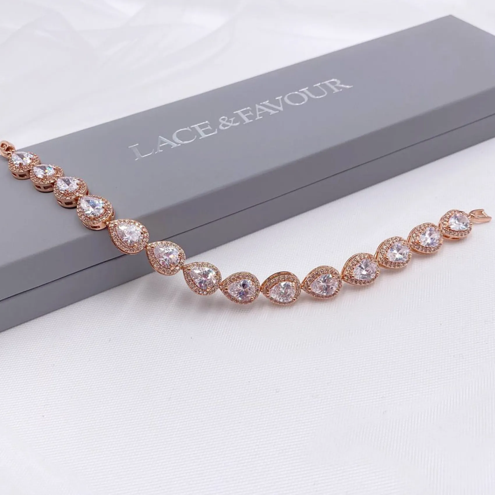 Lace & Favour Bride Gifts | Crystal Jewellery*Hampton Teardrop Cubic Zirconia Wedding Bracelet Rose Gold