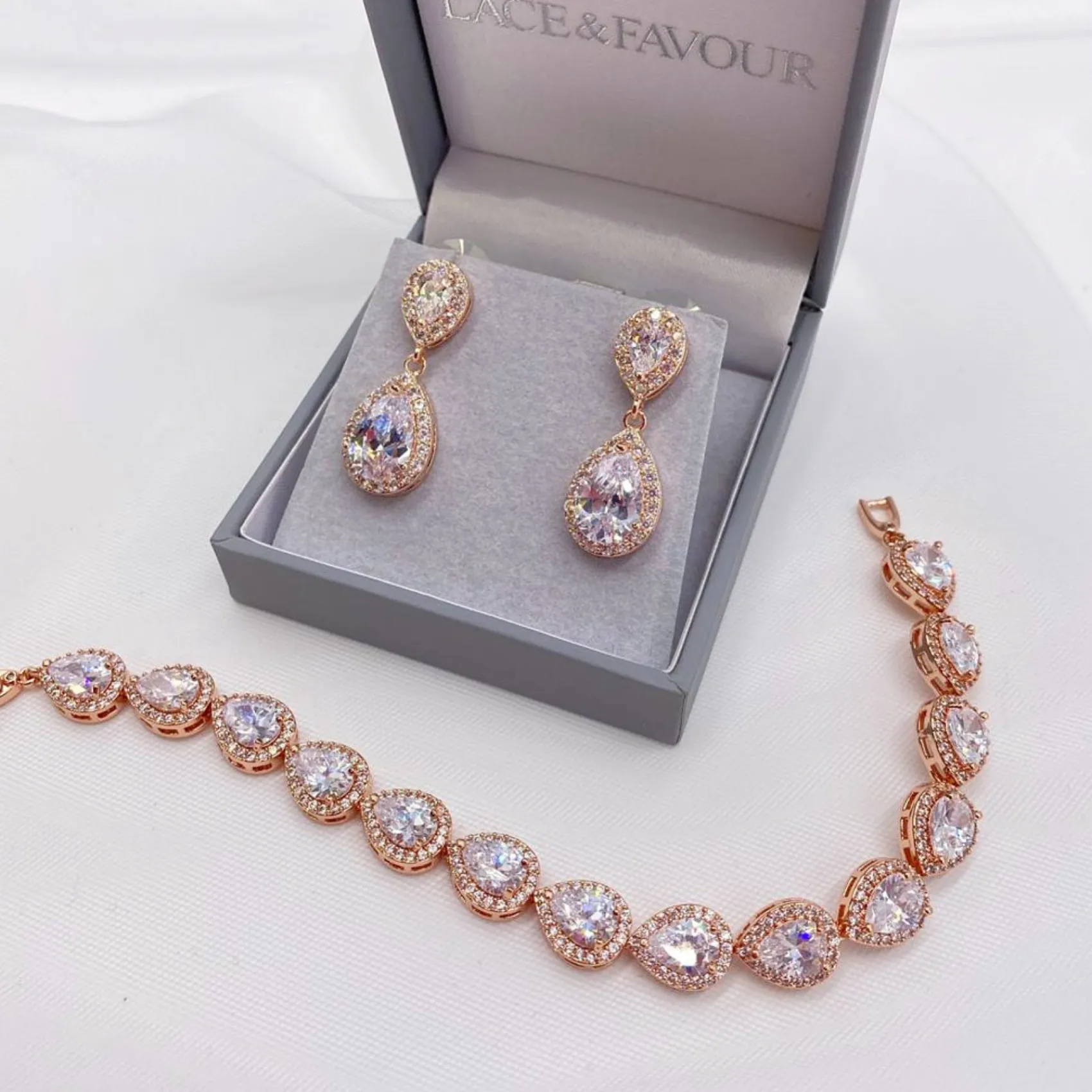 Lace & Favour Bride Gifts | Crystal Jewellery*Hampton Teardrop Cubic Zirconia Wedding Bracelet Rose Gold