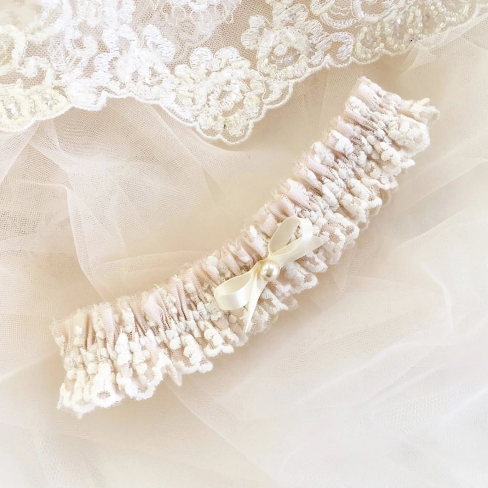 Boudoir Couture Bride Gifts | Bridal Garters*Harmony Blush Silk and Ivory Lace Wedding Garter with Pearl Bow Blush/ Ivory