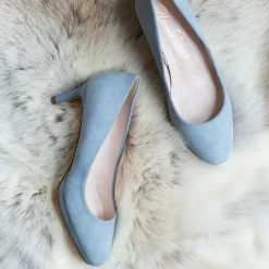 Harriet Wilde Wedding Guest Shoes | Mother Of The Bride Shoes*Amy Low Heel Blue Suede Platform Court Shoes Misty Blue