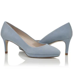 Harriet Wilde Wedding Guest Shoes | Mother Of The Bride Shoes*Amy Low Heel Blue Suede Platform Court Shoes Misty Blue
