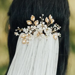 Hermione Harbutt Pearl Hair Accessories | Gold Hair Accessories*Boheme Golden Leaves and Mother of Pearl Flowers Comb Ivory/ Gold