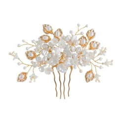 Hermione Harbutt Pearl Hair Accessories | Gold Hair Accessories*Boheme Golden Leaves and Mother of Pearl Flowers Comb Ivory/ Gold