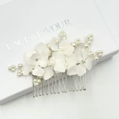 Beads & Beyond Pearl Hair Accessories | Silver Hair Accessories*Hydrangea Dainty Fabric Flowers and Pearl Bridal Hair Comb Ivory