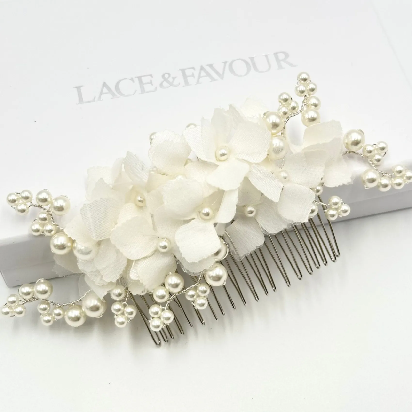 Beads & Beyond Pearl Hair Accessories | Silver Hair Accessories*Hydrangea Fabric Flowers and Pearl Bridal Hair Comb Ivory