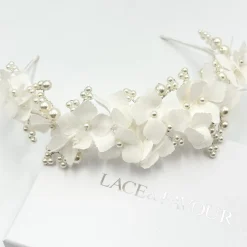 Beads & Beyond Pearl Hair Accessories | Silver Hair Accessories*Hydrangea Fabric Flowers and Pearl Bridal Headband Ivory