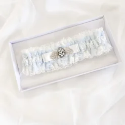 Boudoir Couture Something Blue Gifts | Bride Gifts*Infinity Blue and Ivory Lace Garter with Crystal Embellished Bow Blue/ Ivory