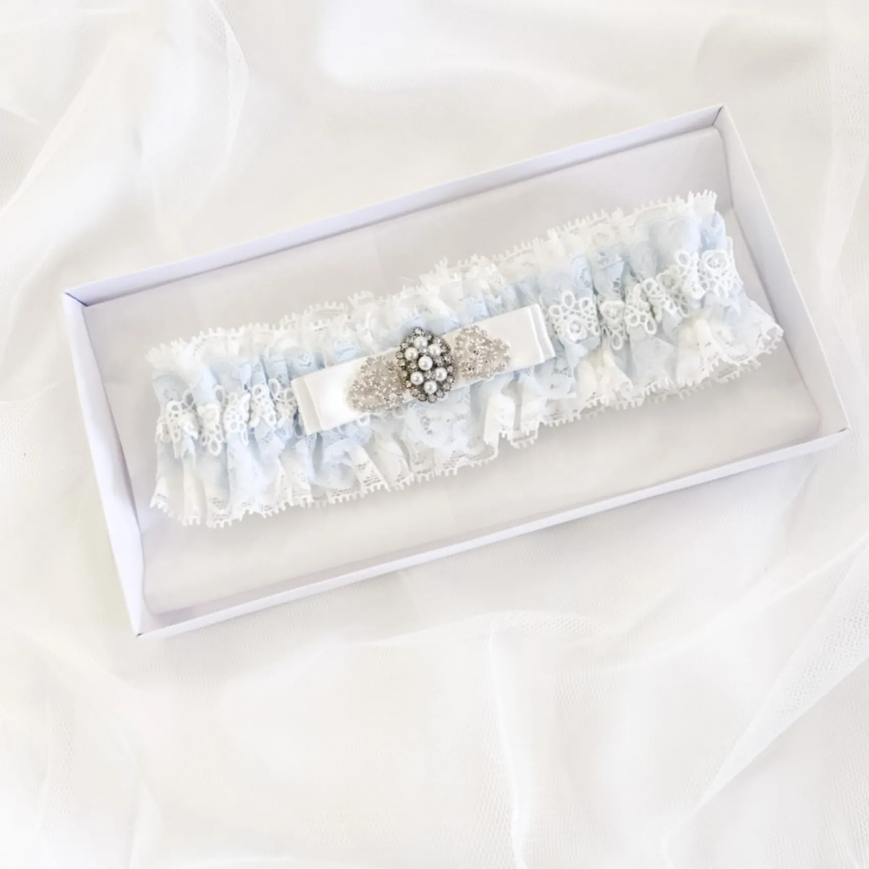 Boudoir Couture Something Blue Gifts | Bride Gifts*Infinity Blue and Ivory Lace Garter with Crystal Embellished Bow Blue/ Ivory